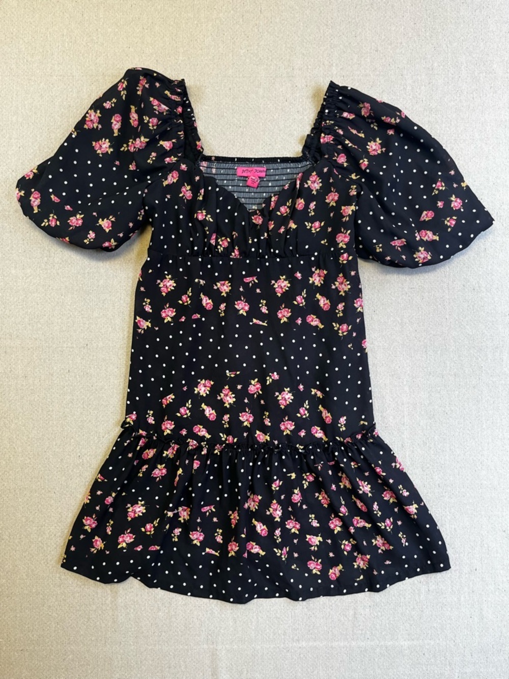 Betsey Johnson Floral Polka Dot Puff Sleeve Mini Dress Black XS